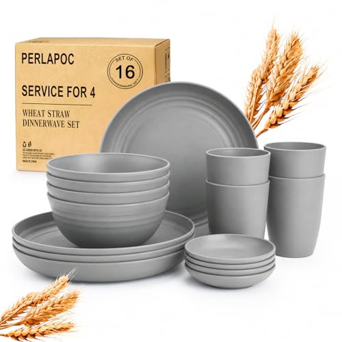 Image of Kids Wheat Straw Dinnerware Sets for 4, 16 Piece Unbreakable Dinnerware Set, Kids Plates and Bowls Sets, Kitchen Plates and Bowls Set, Lightweight Dish Set for Party, Camping,RV - Grey