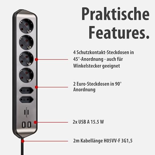 Brennenstuhl Estilo Ecksteckdosenleiste 6-Fach (Tischsteckdose mit Edelstahloberfl&auml;che f&uuml;r K&uuml;che/B&uuml;ro, Ecksteckdose mit 4X Schutzkontakt-Steckdosen, 2X Euro-Steckdosen, 2X USB) Silber/schwarz