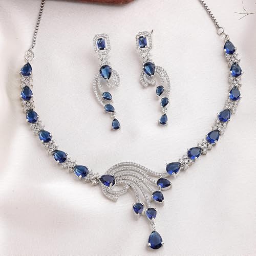Image of ZENEME Rhodium Plated Silver Toned American Diamond Studded Paisley Necklace With Earrings Jewellery Set For Women & Girls