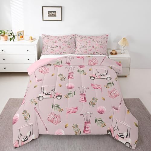 Image of Feelyou Pink Golf Comforter Set Twin Size Leaves Bedding Set for Kids Boys Girls Sports Golfing Theme Duvet Quilt Bedroom Decor Microfiber 2 Pcs with 1 Pillow Cases