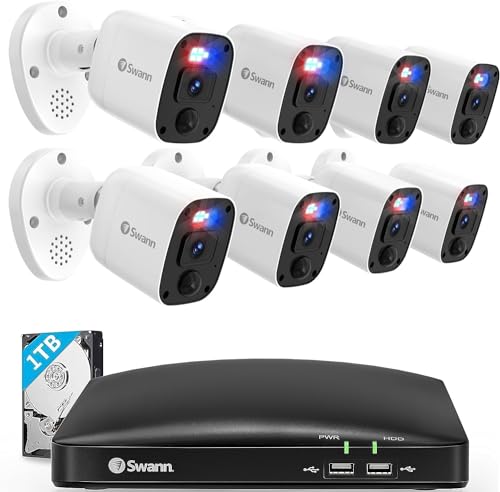 Swann Home DVR Enforcer Security Cam System with 1TB HDD, 8 Channel 8 Cam, 4K UHD Video, Indoor Outdoor Wired Surveillance CCTV, Color Night Vision, Heat Motion Detection, LED Lights, Sirens, 856808 Swann Home DVR Enforcer Security Cam System with 1TB HDD, 8 Channel 8 Cam, 4K UHD Video, Indoor Outdoor Wired Surveillance CCTV, Color Night Vision, Heat Motion Detection, LED Lights, Sirens, 856808
