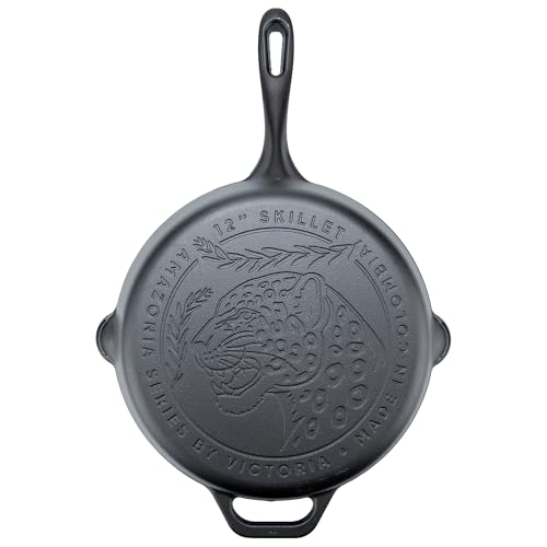 Victoria Cookware 12-Inch Amazonia Cast Iron Skillet, Decorative Preseasoned Frying Pan with Cast Design, Made in Colombia, Jaguar