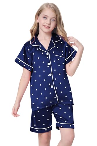 Image of Schbbbta Girls Womens Pajamas, Satin Silky Pjs Set Kids 2Pcs Button-Down Nightwear Sleepwear Gift for Mommy and me