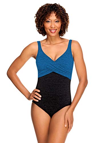Krinkle Chlorine Resistant Black and Mykonos Blue Color Block Twist Front One Piece Swimsuit Size 18