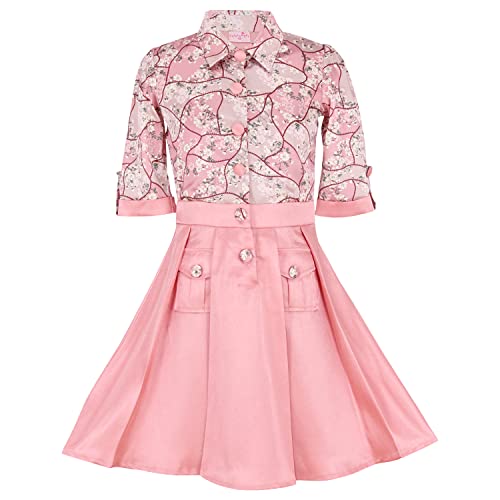 Image of Cutecumber Girls Peach Satin Floral Dress with Button-Down Knee Length Skirt - Front Button Closure, 3 /4 Sleeves for Kids & Baby Girls (Age 1-15 Years)
