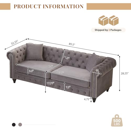 Image of Modern Chesterfield Sofa Couch, 85.5-inch Velvet Fabric 3-Seater Sofa with Rolled Arms and Tufted Button for Living Room, Office, Light Grey