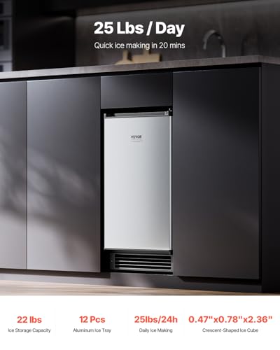 Image of VEVOR Under Counter Ice Maker Machine, Crescent Ice, 25 Lbs /Day Stainless Steel Built in Ice Maker with Reversible Door, 22Lbs Storage Ice Maker Machine for Commercial Home Kitchen, No Drain Required
