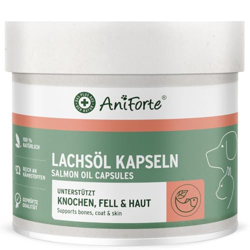 AniForte Lachsöl Kapseln für Hunde & Katzen 500 Stück – wertvolles Omega-3 Fischöl & Vitamine für Stoffwechsel, Knochenaufbau & glänzendes Fell