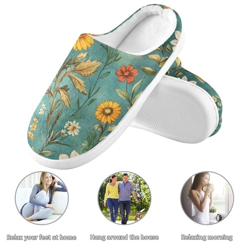 JUNZAN Autumn Flowers Sunflower Lily Rosemary Teal Mens Home Cotton Slipper Lightweight Memory Foam Hotel Slippers for Indoor Christmas Presents 6-73