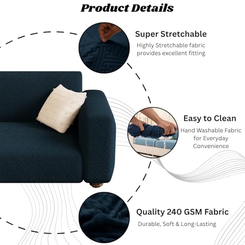 Image of Lukzer 4 Seater Pastel Marine Blue Grid Maze Pattern Sofa Cover | 240 GSM Universal Stretch Fit Jacquard Fabric Couch Protector | Fully Covered Anti Slip & Washable Sofa Cover (230-300cm /SC-110-04)
