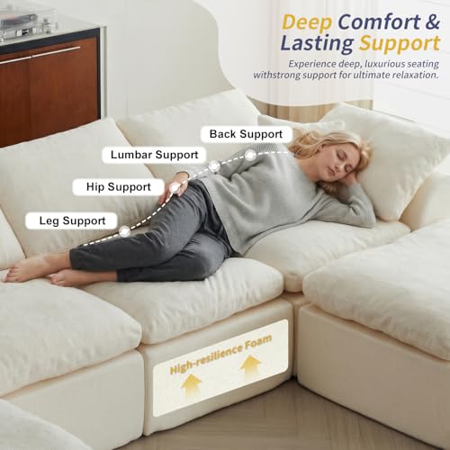 Image of Cloud Couch Sectional for Living Room, Modular L Shaped Boneless Sofa with Chaise, Compressed No Assembly Couch, Deep Seat Chenille Upholstered Convertible Sofa Bed (Beige) (139″‌ U-Shaped White)