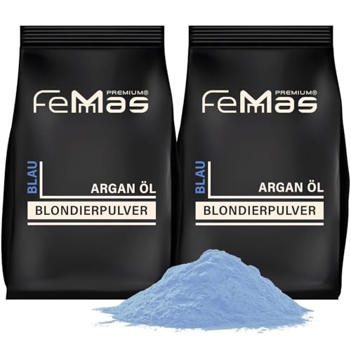 FemMas poudre décolorante bleue 1000g I Avec technologie Plex et huile d'argan I Blondissement uniforme I Ultra fort et sans poussière I Blanchiment cheveux pour des éclaircissements jusqu'à 9 nuances