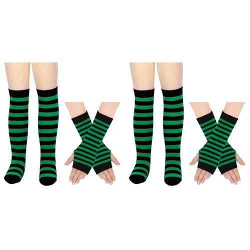 2 Sets Kids Arm Warmers Knee High Socks Set Striped Knit Thigh High Socks Long Fingerless Gloves For Halloween