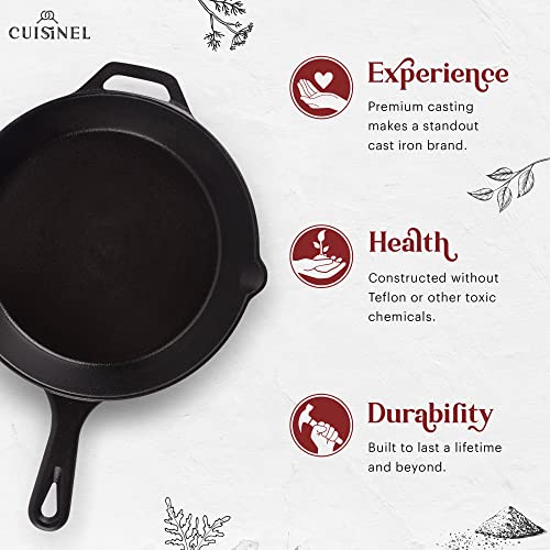 Image of Cuisinel Cast Iron Skillet + Grill Press + Scraper Set - 10 inch-inch Pre-Seasoned Frying Pan + Silicone Handle Grip - 7 inch Round Burger Smasher - Indoor /Outdoor, Grill, Kitchen Cookware. PFAS and PFOA-free