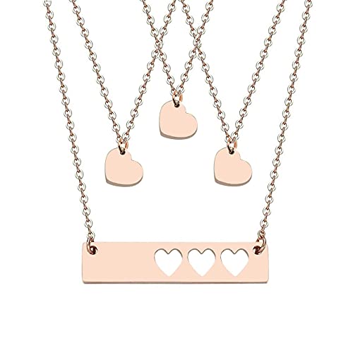 JJTZX Mother Daughter Bar Necklace Set Horizontal Bar Necklace With Cutout Heart Mommy and Me Bar Necklace Set First Day of Kindergarten Gift (Rose Gold bar set--3 hearts)