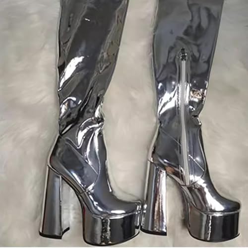 chunky heel Black White Red yellow knee high boots Platform Stretch boots Round toe Side zipper Sexy Super high heel hot pink shoes for women unisex4