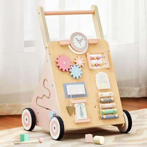 Wooden Baby Walker, Baby Push Walker Adjustable Height and Speed Multiple Learning Activity Walker Baby Walker with Wheels for Girls 6-12 Months, Pink