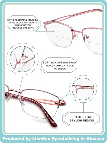 Image of LianSan Metal Zero Top Progressive Multifocus Reading Glasses - for Women Half-Rim Blue Light Blocking Readers Clear Top
