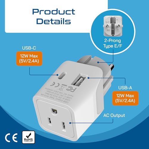 Image of Ceptics Schuko, Germany, France, Spain Travel Adapter Plug with Dual USB - USA Input Type E /F - Ultra Compact Perfect for Cell Phones, Laptop, Camera Chargers, iWatch, iPad, iPhone and More (CTU-9)