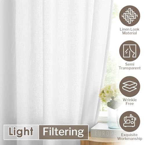 Image of Melodieux White Semi Sheer Curtains 96 Inches Long for Living Room - Linen Look Bedroom Rod Pocket Voile Drapes, 52 by 96 Inch (2 Panels)