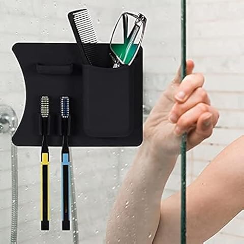 Frafuo Shower Toothbrush Holder for Shower Wall-Couples Black Adhesive Toothbrush Holder for Shower-Waterproof Holes in Bottom+Small Jewelry&Ring Shelf-Reusable Mirror Toothbrush Holders Cover