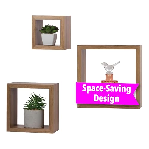 Kiera Grace Set of Three Cubbi Rustic & Timeless Decorative Engineered Wood Square Floating Wall Shelves for Home, Room, & Office, 5' / 7'/ 9', Brown