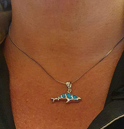 Bamos Shark Necklace, 14K White Gold Plated Shark Pendant Fish Necklace Mounted With Created Opal For Women Girls Boys Men, Blue Opal/White Opal 16.5-18.0 Inches #TOP2