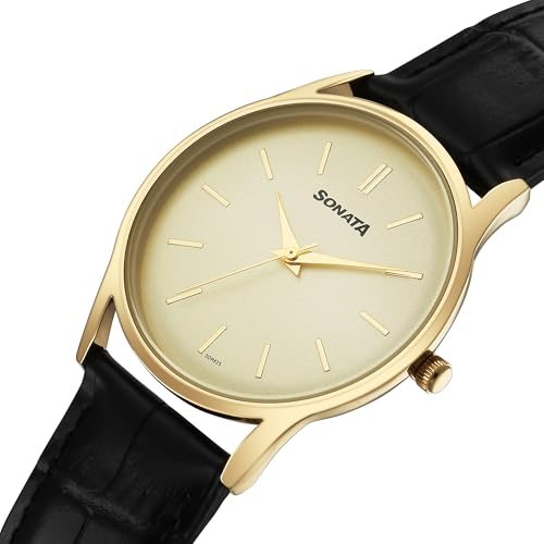 Image of Sonata Quartz Analog Gold Dial Leather Strap Watch for Men