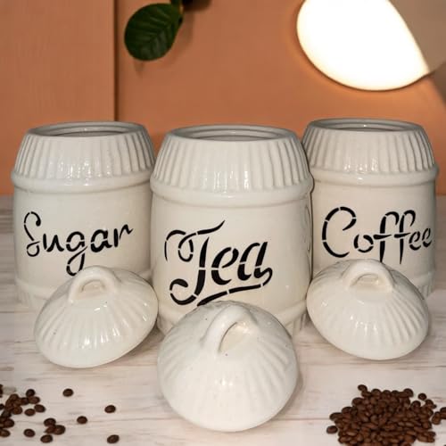 Image of Ceramic Tea Coffee Sugar Container Set of 3 for Kitchen Storage (500 ML Each)| Ceramic Kitchen Canisters with Lid |Storage Jars for Tea Coffee Sugar | Airtight Pickle /Barni Jar with Lid, White & Beige
