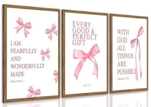 JBZDD Wood Coquette Pink Bow Canvas Wall Art Set of 3, Inspirational Bible Verses Decor Posters Pictures Prints Aesthetic for Girls Room College Apartment Living Room Bedroom Framed 12x16 Inch