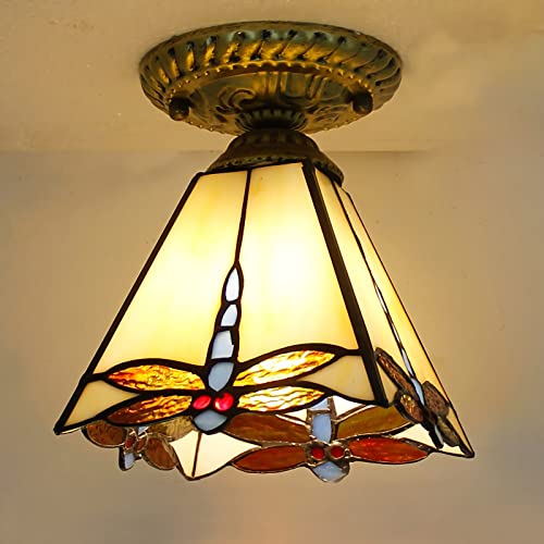 Lustre mini plafonnier en vitrail style victorien avec fixation semi-encastrée
