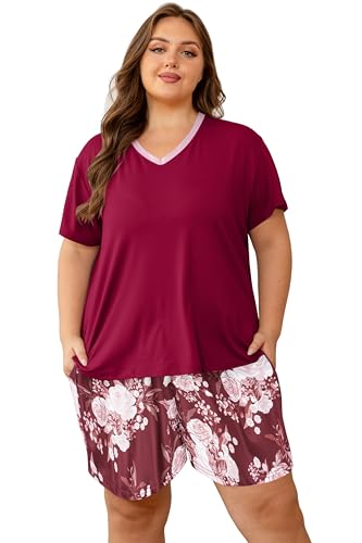 Image of Vozanet Women's Short Sleeve Top and Shorts Pajama Sets Plus Size V Neck Colorful Flower Nighty Loungewear With TWO Pockets