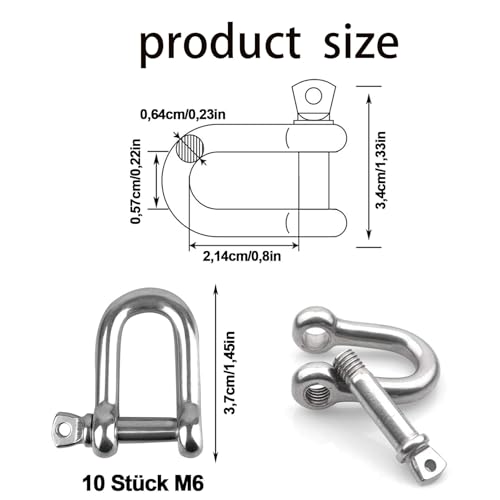 Schäkel D-Form, 304 Edelstahl D-Ring-Schäkel, M6 Edelstahl Schäkel, D Schäkel, D Schäkel Edelstahl,D Ring Schäkel Gerade, für Takelage Stahlseil Kordeln Ketten Schäkel,10 Stück