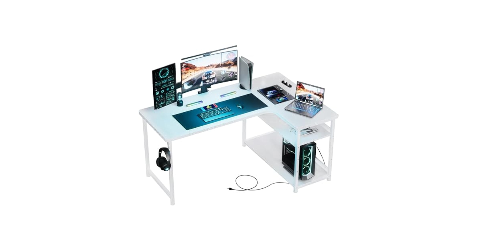 PCデスク カーボン調スキングレイ 右棚 コンセント モニターアーム対応 Amazon | ゲーミングデスク パソコンデスク L字 カーボン調