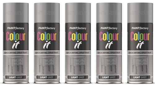 HitlineUK 5 X LIGHT GREY GLOSS PAINT AEROSOL SPRAY CAN QUICK DRYING PLASTIC METAL 400ML