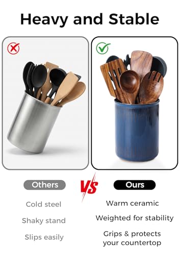 Image of LoeJan Utensil Holder, Extra Large Utensil Crock, Stable Ceramic Utensil Organizer, Cooking Tool Organizer Set for Kitchen Counter Farmhouse Decor, Flambe Blue