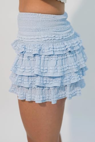 Women Lolita Skirt Smocked Waist Layers Tiered Ruffle Mini Skirt Floral Eyelet Lace Trim Kawaii Cottagecore3