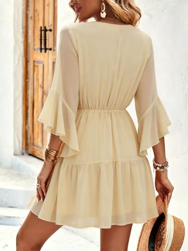 Image of Womens Spring Summer Mini Dress Western Ruffled Sleeve Chiffon V Neck Flowy A Line Short Wedding Guest Party Dresses
