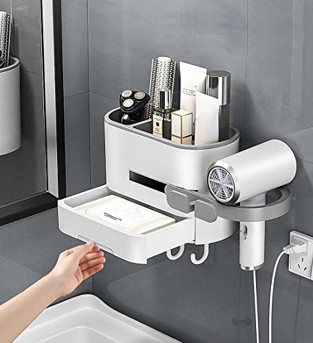 Creata Hair Dryer Holder, Wall-Mounted Self-adhesive Blow Dryer Storage and Accessories Organiser with Drawer, Top Shelf and 4-Hooks [Dark Grey]