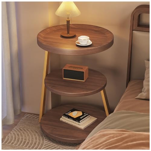 Mesa Auxiliar Redonda De Tres Niveles con Estante Abierto, De Nogal, Mesita De Noche Moderna De Mediados De Siglo For Sala De Estar Y Dormitorio, Mesa Auxiliar(B2)