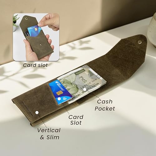 Image of The Wallet Store Flip 2.0 Genuine Leather Vertical Slim Wallet for Men | Easy Quick Card Access | Compact Front Cash Pocket & Button Lock | Minimalist Travel & Daily Carry Wallet (Green)