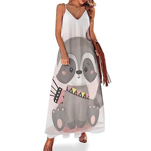 Robe longue d'été col V au drapé fluide et imprimé artistique raton laveur