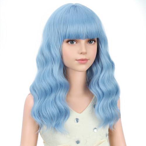 Image of PATTNIUM Light Blue Wig Short Blue Wigs with Bangs Shoulder Length Wavy Heat Resistant Synthetic Wig