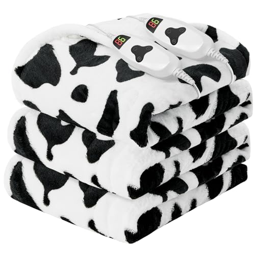 RUJIPO ETL Elektrisch beheizte Decke mit Kuhdruck, Kingsize, 90 x 100 cm, Schwarz, Heizdecke für King-Size-Bett, Doppelsteuerung, Timer und 10 Heizstufen, niedliche Kuh-Dekoration, Fleece