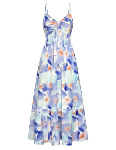 Women Casual Sleeveless V Neck Summer Dress Bohemian Smocked Floral Flowy Maxi Dresses Cocktail Dress