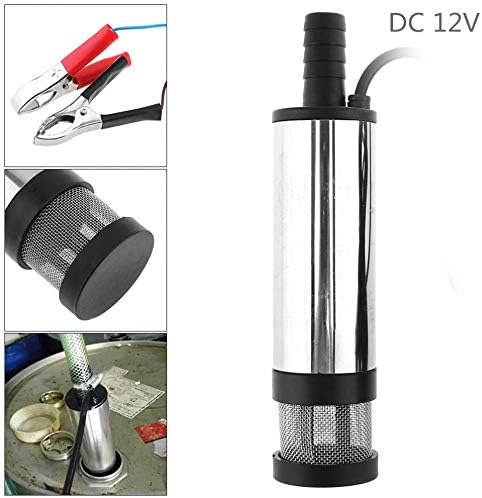 DC12V 38MM Silver Portable Aluminum Alloy Electric Submersible Car Pump Fuel Water Oil Barrel Pump with 2 Alligator Clips
