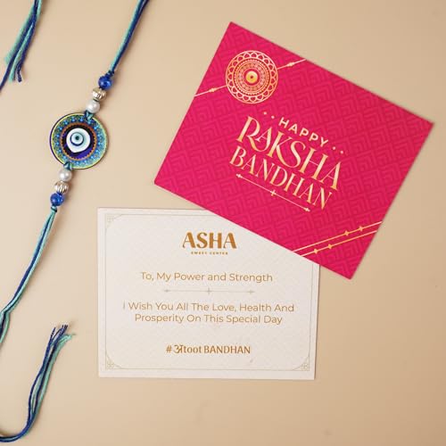 Image of ASHA SWEETS Rakhi Celebration Combo Pack with Baklava (100gm), 1 Handmade Rakhi & Wish Card Set for Gifting to Brother & Sister |Premium Rakhi Festive Gift Box for Family & Friends