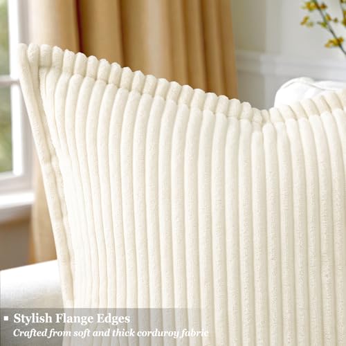 decorUhome Corduroy Cream White Throw Pillow Covers 26x26 Set of 2 Decorative Soft Boho Striped Neutral Euro Farmhouse Couch Pillow Cases with Broadside for Living Room Bed Sofa