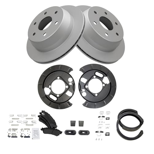 Image of TRQ Rear Brake Pad & Rotor Kit Semi-Metallic Premium G-Coated Compatible with 03-05 Astro 99-06 Sierra 1500 07 Sierra 1500 Classic Silverado 1500 Silverado 1500 Classic 00-01 Tahoe Yukon Yukon XL 1500