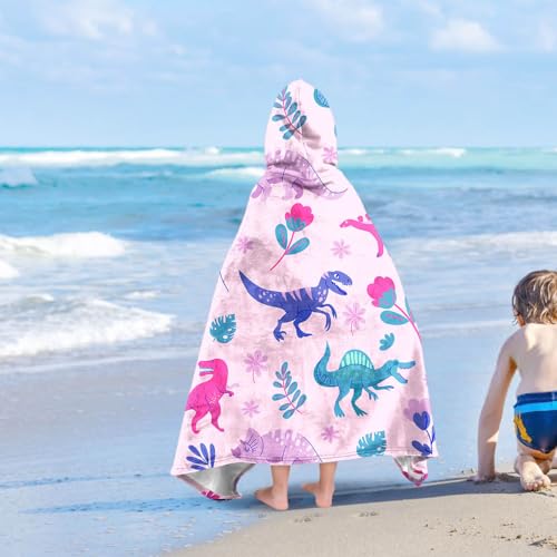 Image of Dinosaur Girls Beach Towel with Hoodie for Kids Toddlers Age 4-8, Pink Bath Towels Shower Wrap for Girls, Hooded Poncho Beach Blanket for Pool Swimming Cute Wearable Bath Towel for Child